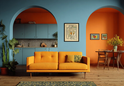 Vibrant interior design. Living room with a yellow sofa and a blue integrated kitchen with an arch and orange wall. An explosion of color and style.