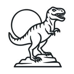 Fototapeta premium T rex dinosaur standing on a rock with a sun backdrop