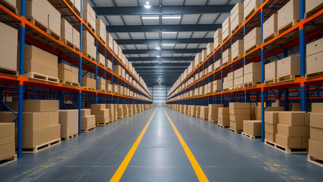 Warehouse or storage and shelves with cardboard boxes. Industrial background.