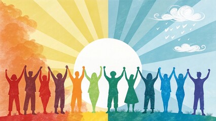 A vibrant watercolor-style illustration of a diverse group of people standing in a line, holding hands high above their heads in celebration. International youth day concept