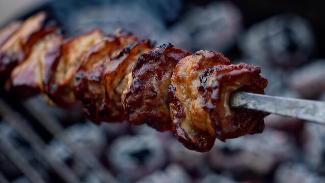 Juicy Grilled Barbecue Meat Skewers Over Charcoal Flames