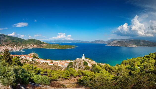 panoramic view over the gythio bay with its lighthouse peloponnese greece