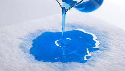 Sanitary pad top sheet absorbing blue fluid during absorbency test, Blue fluid spreading on surface