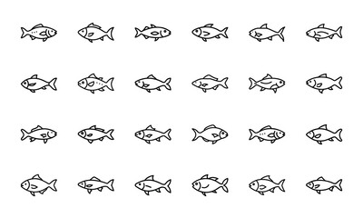 Simple Line Art Food Icons – Egg, Burger, Cheese, Chocolate, Cupcake, Cookie, Candy, Fish, Fries, Jam, Cake, and Breakfast Symbols for Culinary and Nutrition Design