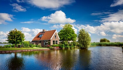 Fototapeta premium house and trees at a lake against blue sky with white clouds giethoorn netherlands