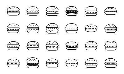Simple Line Art Food Icons – Egg, Burger, Cheese, Chocolate, Cupcake, Cookie, Candy, Fish, Fries, Jam, Cake, and Breakfast Symbols for Culinary and Nutrition Design