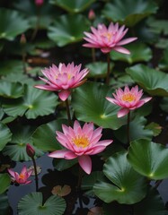 Fototapeta premium Vibrant pink water lilies blooming in a serene wetland ecosystem