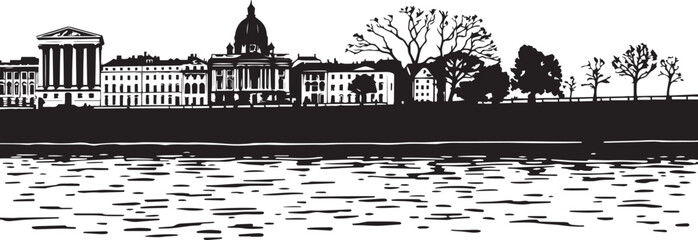 An urban landscape with a river. Hand drawn vector illustration  © Михаил Н