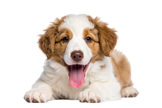 Fluffy brown and white puppy lying down with tongue sticking out isolated on transparent background