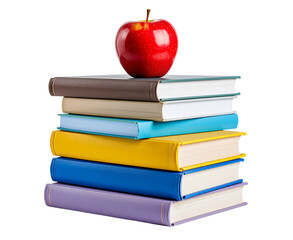 A pile of 7 books for going back to school with a red apple for the teacher or for the child as a healthy snack during their lesson to further their education isolated against a transparent background