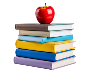 A pile of 7 books for going back to school with a red apple for the teacher or for the child as a healthy snack during their lesson to further their education isolated against a transparent background