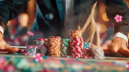 Close-up of stacked casino chips held in hand on a poker table, showcasing gambling and high-stakes gaming concept.