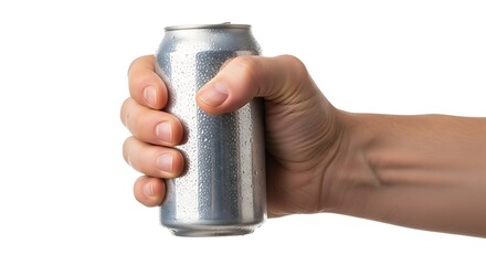 A hand holding a silver aluminum can isolated on white background
