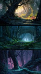 Forest paths artwork daytime, evening, and nighttime, for fantasy game design