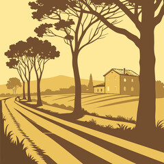Tuscan Countryside Landscape with Farmhouse and Trees in Brown and Yellow