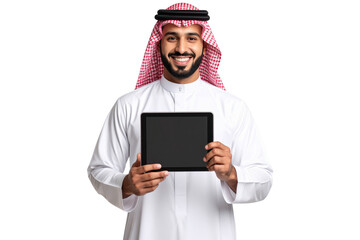 Successful Arab man in traditional attire holding tablet, representing digital business isolated on transparent background
