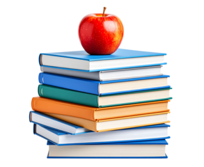 A pile of 7 books for going back to school with a red apple for the teacher or for the child as a healthy snack during their lesson to further their education isolated against a transparent background
