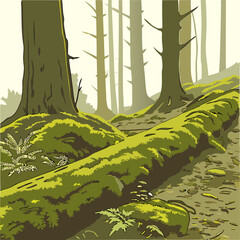 Mossy Forest Illustration with Fallen Log and Ferns in a Woodland Setting