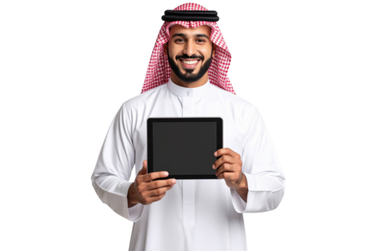 Successful Arab man in traditional attire holding tablet, representing digital business isolated on transparent background