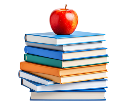A pile of 7 books for going back to school with a red apple for the teacher or for the child as a healthy snack during their lesson to further their education isolated against a transparent background
