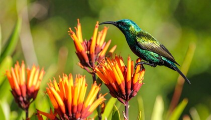 Vibrant hummingbird perched on orange and red flowers