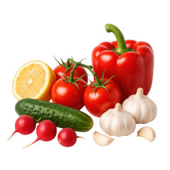 Still life of vegetables and fruit isolated transparent background