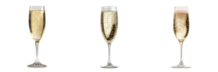 Set of Elegant champagne glass with sparkling bubbles isolated on a transparent background