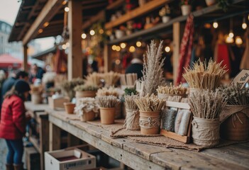 Fototapeta premium Seasonal craft fair setup with handmade decorations and natural materials