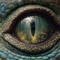 Fototapeta premium Reptile eye reflects forest growth. Wildlife concept, wallpaper, ecology theme