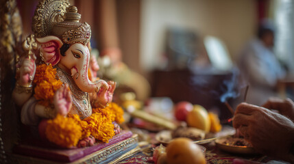 Ganesha idol during Ganesh Chaturthi celebration with incense and flowers — ideal for use in festival posters, spiritual blog posts, meditation apps, or cultural education materials