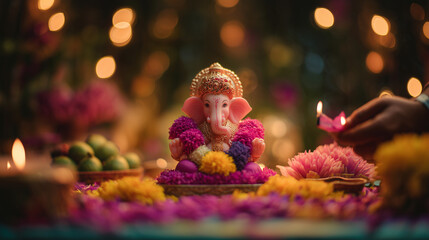 Ganesha idol during Ganesh Chaturthi celebration with incense and flowers — ideal for use in festival posters, spiritual blog posts, meditation apps, or cultural education materials