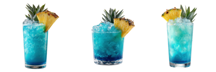Set of Refreshing tropical blue cocktail with pineapple garnish isolated on a transparent background