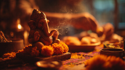 Ganesha idol during Ganesh Chaturthi celebration with incense and flowers — ideal for use in festival posters, spiritual blog posts, meditation apps, or cultural education materials