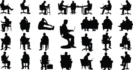 Silhouettes of people in various poses sitting and working on laptops and reading in black and white