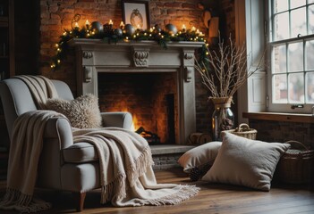 Fototapeta premium Cozy fireplace setup for a warm winter evening with soft blankets