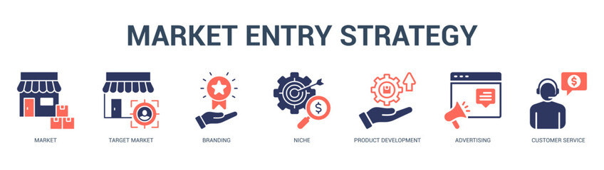 Fototapeta premium Market Entry Strategy Modern and clean web banner illustration featuring thematic icons for visual communication