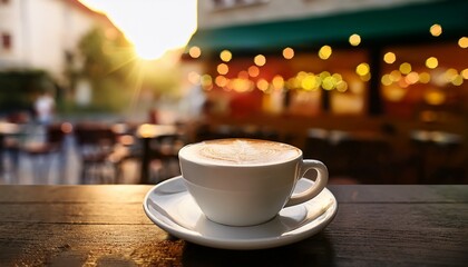 Fototapeta premium cappuccino cup against bokeh outdoor coffee house background