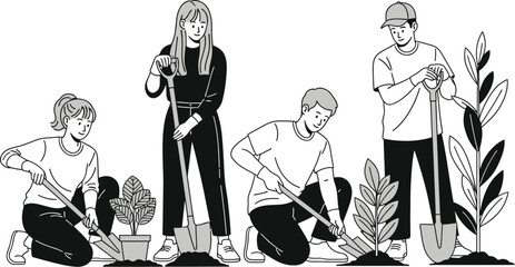 Illustration of four people planting trees with shovels in a monochrome style drawing on white background