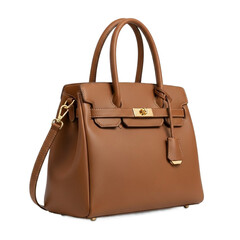 Elegant Caramel Brown Leather Handbag with Gold Accents and Shoulder Strap