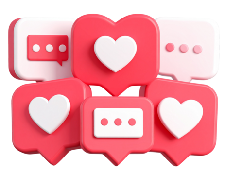 Social media icons set with heart, message, and interaction symbols in 3d style