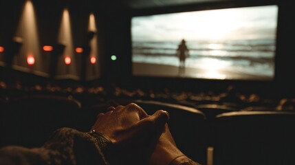 Hands clasped in a movie theatre, watching a film