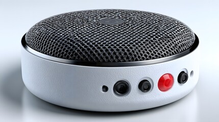 A modern, round audio device with a mesh grille.