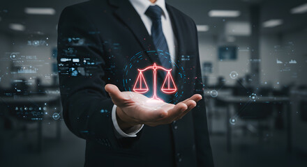 Lawyer holding virtual scale of justice hologram representing legal service attorney advice protection compliance regulation and business law concept