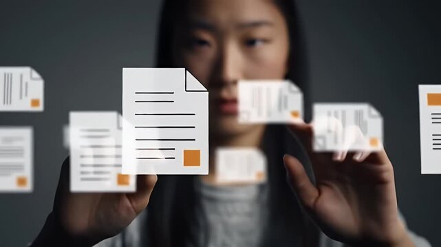 Young Woman Interacting with Floating Digital Documents with Gray Background