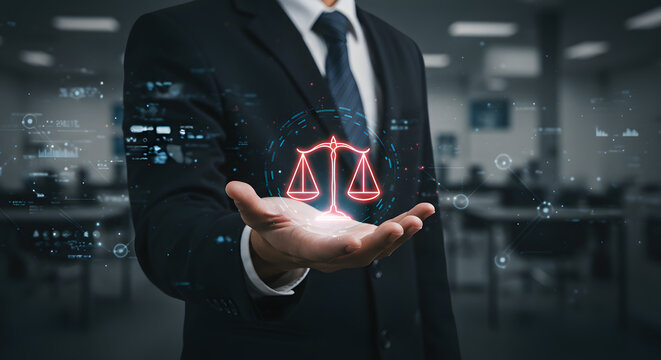 Lawyer holding virtual scale of justice hologram representing legal service attorney advice protection compliance regulation and business law concept