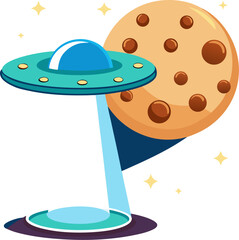 Chocolate chip cookie as a UFO beaming up glasses of milk