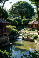 Naklejka premium Peaceful Nature Village with Wooden Houses and Flowing Stream
