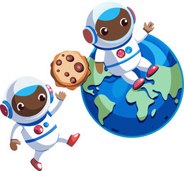 Cookie astronauts floating in space, holding cookies with the Earth behind
