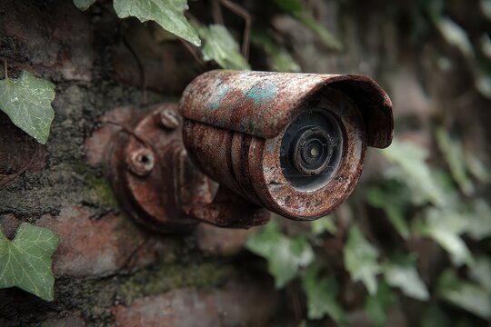 Rusted camera on brick wall with foliage, safety, monitoring, decay, privacy, risk - Powered by Adobe