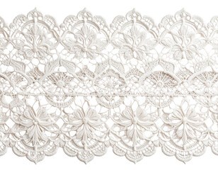 Delicate white lace fabric featuring scalloped edges, presenting soft texture and elegant design against transparent background, ideal for wedding-related creative work 